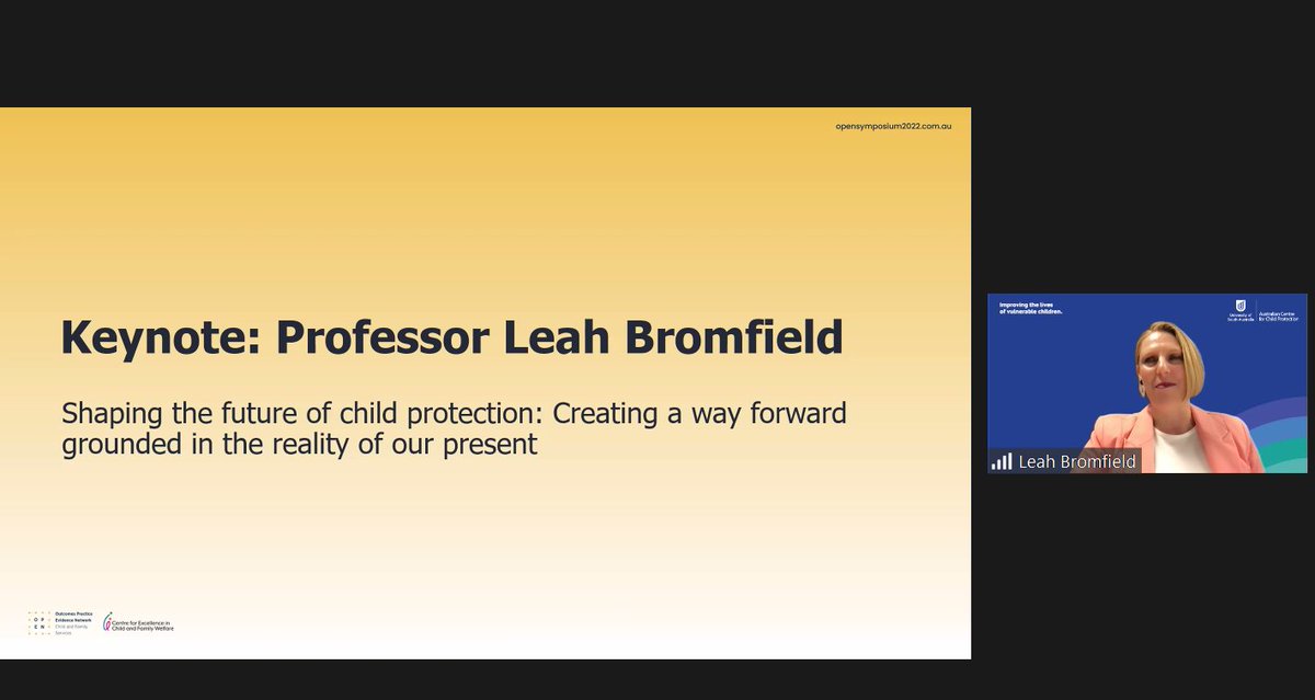 CFECFW's tweet photo. @LeahBromfield argues that there are assumptions embedded in the design of child protection systems that no longer apply to the current landscape. We need to recognise that the world has changed to better respond to evolving need. 
#OPENsymposium2022 https://t.co/ey7V7UDBdX