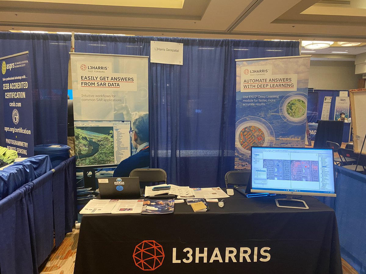 asoconnor's tweet photo. For those of you looking for the #ENVI @GeoByHarris booth, we are here. Come chat/see demos about #deeplearning #machinelearning expanding your license to the cloud or large scale computing on @awscloud #Pecora22 https://t.co/wI41Sw6PKi