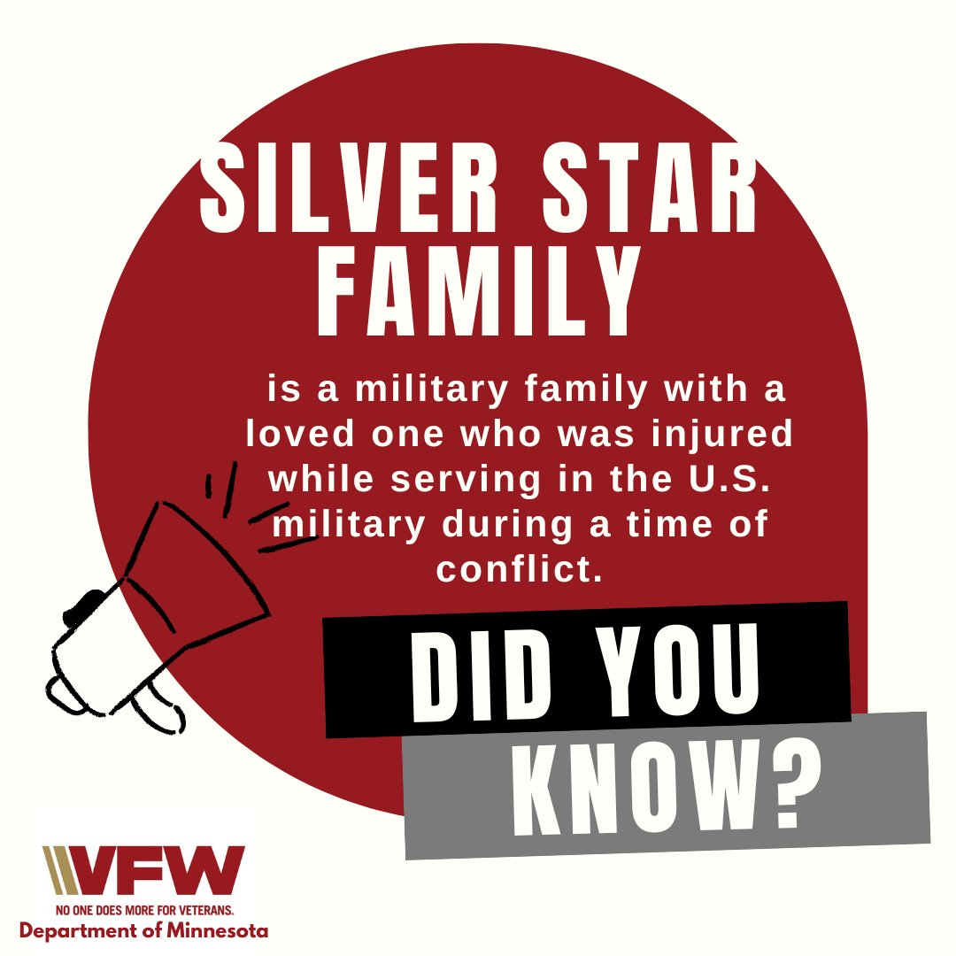 mnvfw's tweet photo. Did You Know-
A Silver Star Family is a military family with a loved one who was injured while serving in the U.S. military during a time of conflict.
#VFWSalute #VFW #VFWMN #VeteranSupport https://t.co/p5sF7JHw4a
