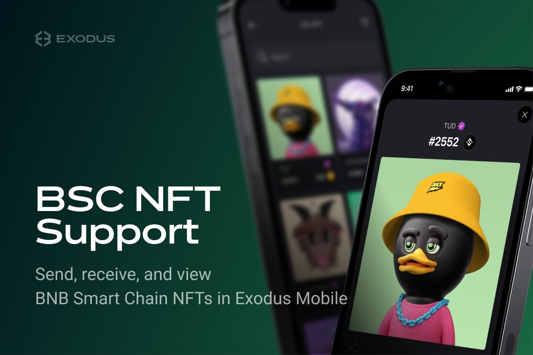 exodus's tweet photo. [mobile wallet update]

Send ↗️, receive ↙️,  and view 🔎 Binance Smart Chain digital collectables in Exodus mobile.

Drop your favorite @BNBCHAIN projects in the comments. https://t.co/pVu0EIJhSI