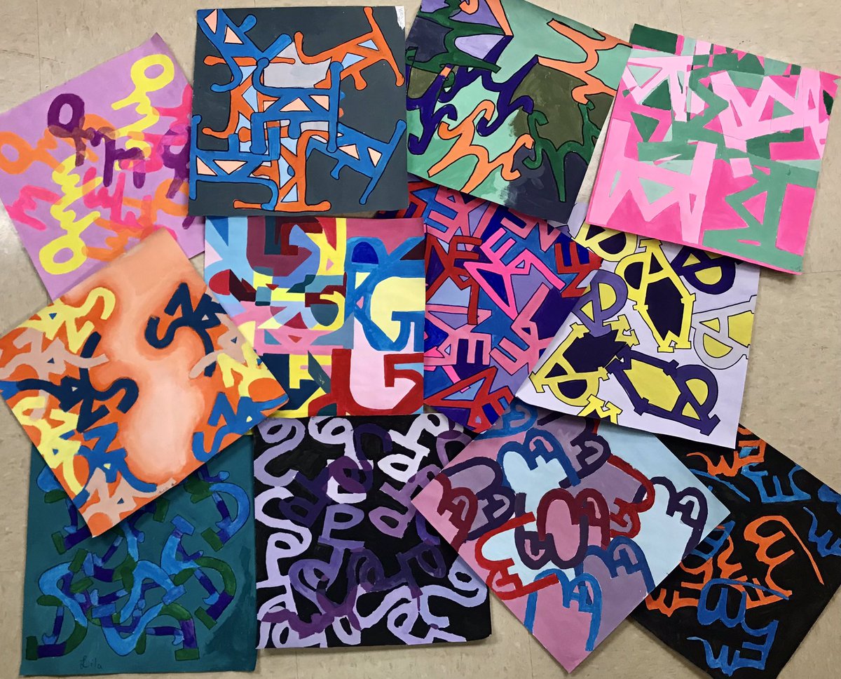 MalkusART's tweet photo. Finished work! Students selected different color schemes after designing their own symbol. Focus on positive &amp; negative space, color, pattern, &amp; balance. https://t.co/aMi1C4LQ8S