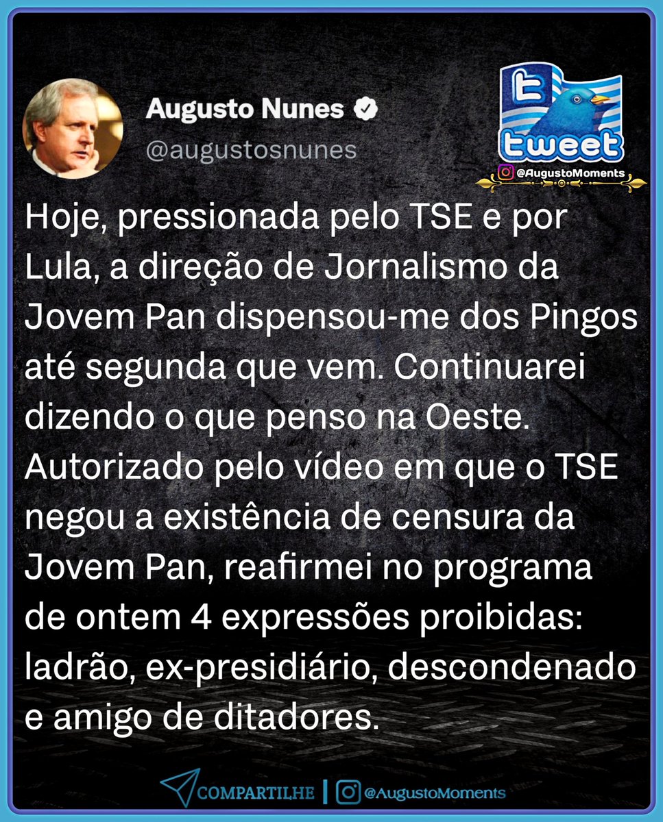 AugustoMoments's tweet photo. 𖣔 Até onde será que eles irão chegar com essa onda de censuras? 🤐😤
⠀ Deixe sua Opinião abaixo nos Comentários ⬇️💬✍🏻
⠀
◆⠀◆⠀◆
⠀
Link do Post em nosso Instagram:
https://t.co/wtYLzUo8lh

#Eleicoes2022 #Eleicoes2022 #SegundoTurno https://t.co/t600TOLsNd
