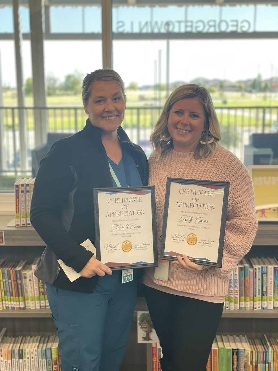 Congrats to our Staff Member of the Month, Nurse Kerri Gibson and our Teacher of the Month for October, Kinder teacher Mrs. Kelly Gunn