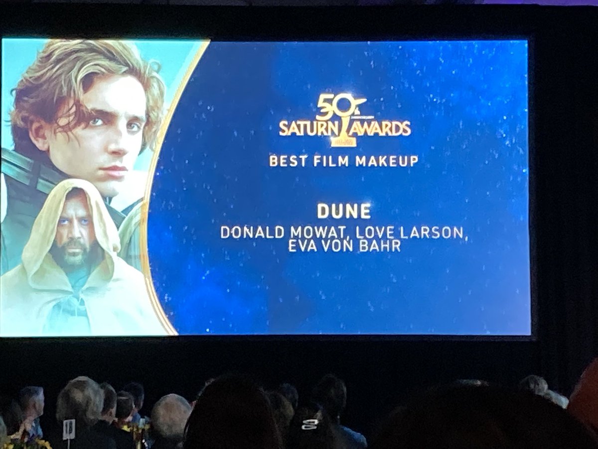 SaturnAwards's tweet photo. Congrats to #SaturnAwards Best Film Make-Up –
#DonaldMowat, #LoveLarson, #EvaVonBahr - #Dune https://t.co/BVGBu3BOS4