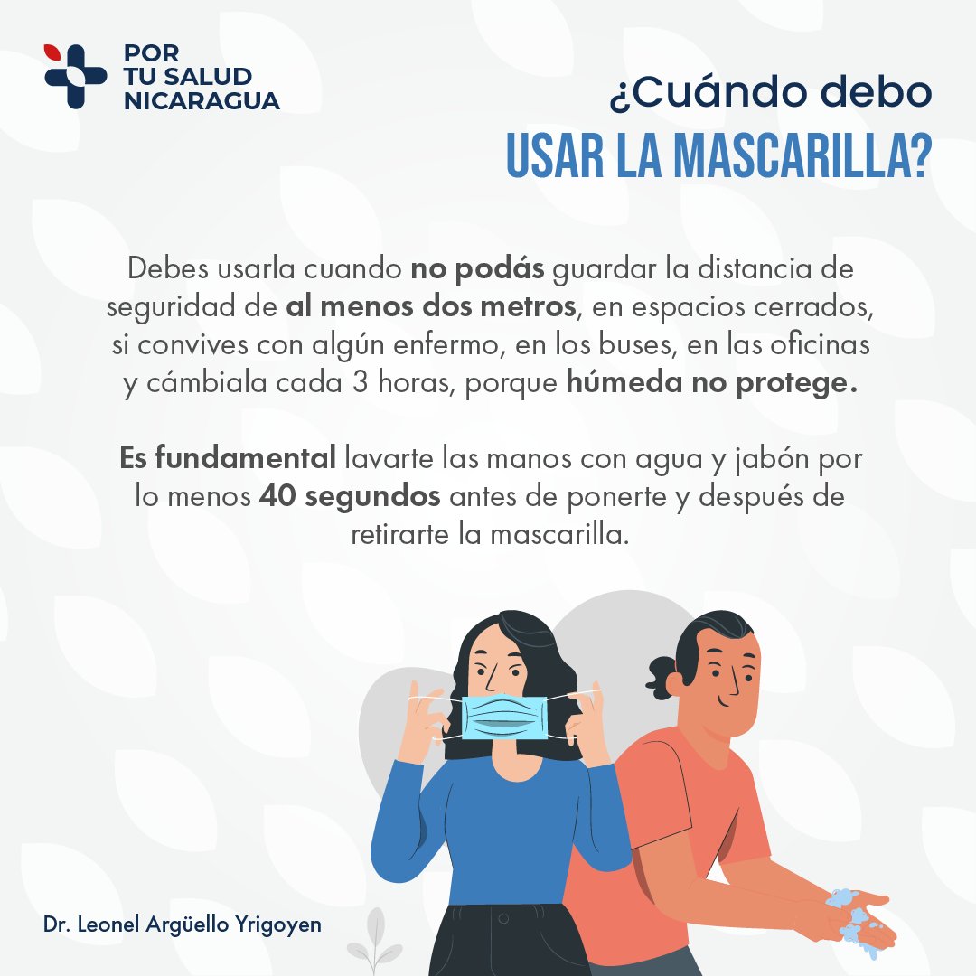 #PorTuSaludNicaragua te aconseja utilizar mascarillas en las siguientes ocasiones: