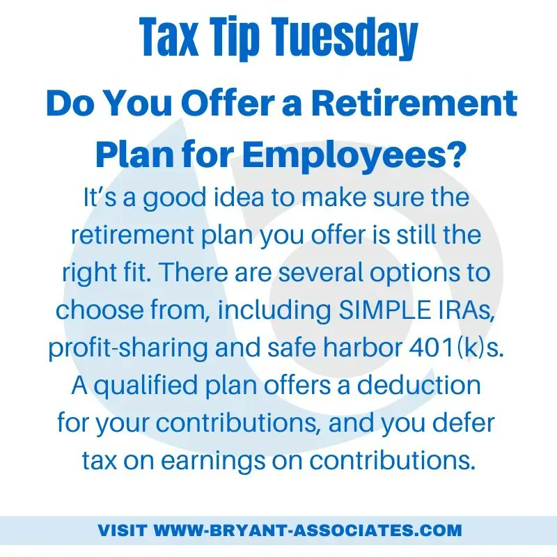 BryantCPA's tweet photo. #tax #taxes #taxtiptuesday #taxplanning #businesstip #CPA #smallbusiness #smallbusinessowner #smallbiz #smallbizowner #entrepreneur #bryantassociates #lnk #accountant #taxpreparer #retirementplan #simpleIRA #profitsharing401k #safeharbor401k https://t.co/4Dus64FfTh