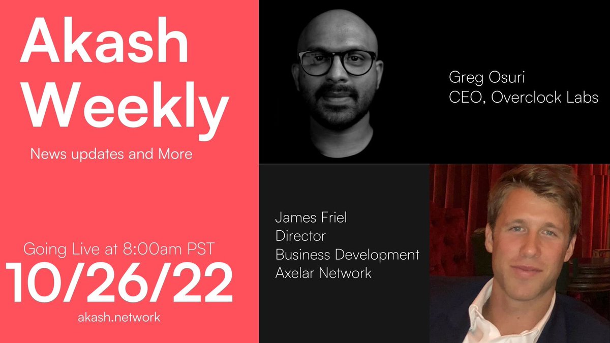 akashnet's tweet photo. Join Wednesdays as the Akash community gathers on Twitter Spaces with @gregosuri at 8.00 AM PST / 3.00 PM UTC.

Greg gives us the latest Akash updates and web3 news. 

And, the founders, experts, and projects currently shaping web3 stop by.

Drop your AMA questions👇 https://t.co/evQ92FkIJP