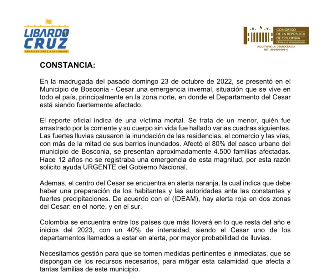 LibardoCruzC's tweet photo. 🏛️ Cuando iniciamos la sesión plenaria dejamos #Constancia ante la @CamaraColombia de la grave situación que vive el Dpto del #Cesar por este largo y fuerte invierno. 
#SOSBosconia #SOSCesar https://t.co/5PcDBtX0Zr