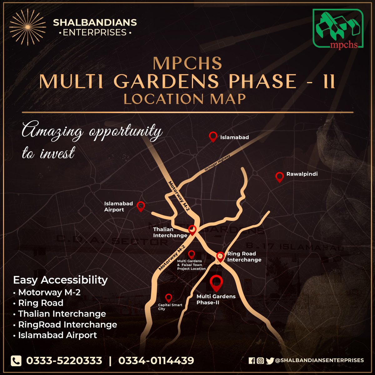 The Ideal location of MPCHS-Multi Gardens Phase-II is at Ring Road Interchange near Thalian Interchange 0-Km Away from motorway M-2 and nearest to the Islamabad Airport.
for bookings and details please contact
03335220333
03340114439
#Islamabad  #islamabadairport  #Rawalpindi