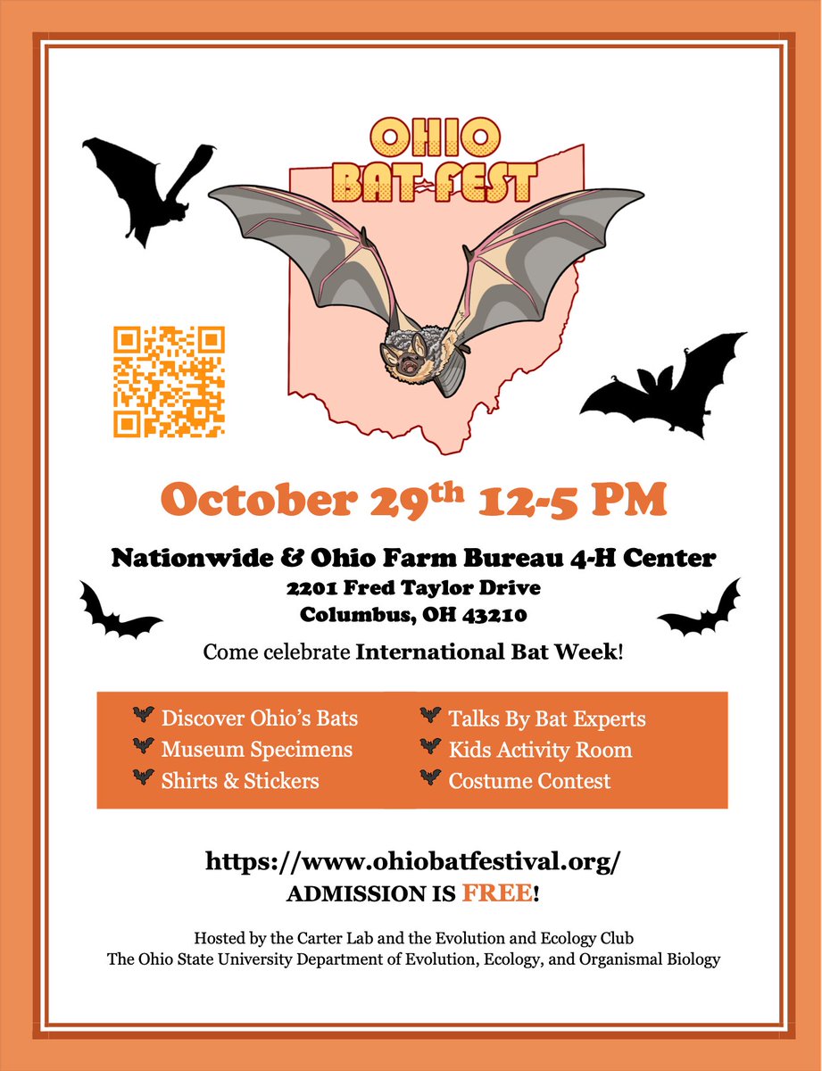 Only a few days left until Ohio Bat Fest! Hosted by @gerrygcarter lab on Oct 29th in Columbus OH. More info at ohiobatfestival.org
#batweek @EEOB_OSU @CbusMetroParks @cbuscheap