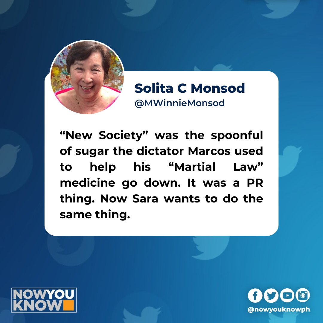 nowyouknowph's tweet photo. Columnist Solita "Winnie" Monsod reacts to Vice President and Education Secretary Sara Duterte's denial of the Department of Education's "rebranding" of the martial law period

READ: https://t.co/KSfy9soURC

#NowYouKnow
#NYK https://t.co/irHfSyfiCZ