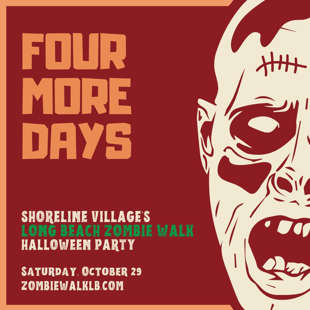 ZombieWalkLB's tweet photo. Just FOUR MORE DAYS til zombies return to @ShorelineVillag!  Visit https://t.co/ojEEfNyWZq for event and venue info, band lineup, FAQ, and more! FREE all-ages community event! https://t.co/D827J6wDCf