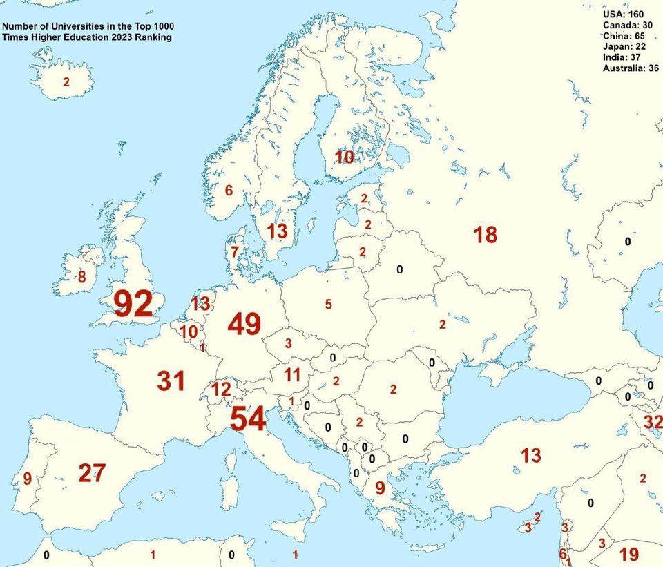 Достаточно косвенный (но тем не менее) показометр научно-технического развития на сегодня и потенциала на будущее по странам. Чиселки на карте - количество значимых (с т.з. мира) универов в стране.
В правом нижнем углу:
32 - это Иран
19 - это Саудовская Аравия