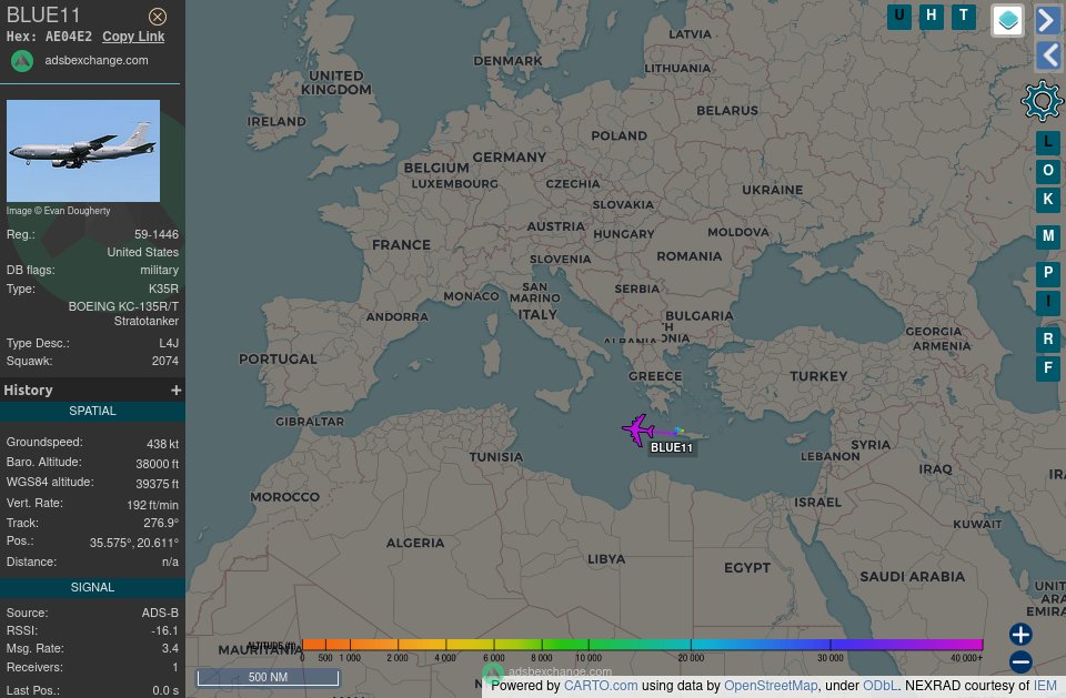 KC-135 Stratotanker #AE04E2 as BLUE11 departing from Souda Bay, Greece.  

The call sign indicates it's on a CORONET mission fueling fighters as they cross the pond.