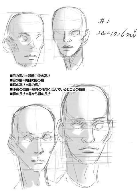 ■目の高さ=頭部中央の高さ
■目の幅=両目の間の幅
■耳の高さ=鼻の高さ
■小鼻の位置=頬骨の落ちくぼんでいるところの位置
■鼻の長さ=鼻から顎の長さ

参考資料「箱と円筒で描く」
https://t.co/9FczWMHxsD 