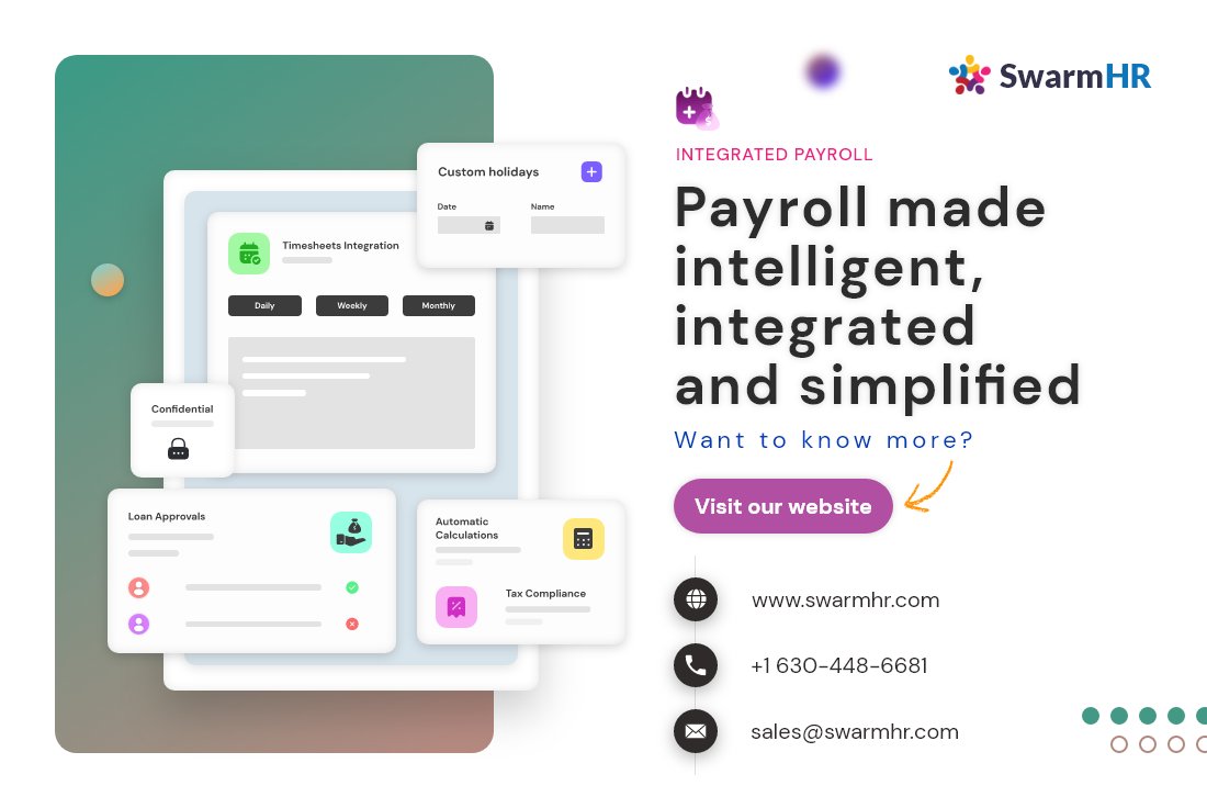SwarmHr's tweet photo. Automate all the payroll functions right from paystub configuration, tracking timesheets, processing leaves, expenses, wage calculations while remaining tax compliant.

Schedule a demo to know more: https://t.co/aRTLP4kNpk

#payroll #payrollmanagement #payrollprocessing #swarmhr https://t.co/TJJqhgDR6P