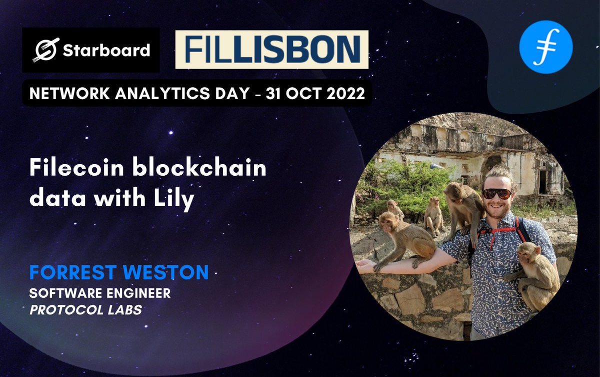 Starboard_V's tweet photo. 📢 Speaker Spotlight📢 Come hear from Forrest Weston about Lily, the software used at @ProtocolLabs to monitor, extract, and analyze the #Filecoin network.
Starboard's #NetworkAnalyticsDay is happening 31 Oct 2022 at #FILLisbon. Sign up here ➡️ https://t.co/sU1mizKpi3 https://t.co/Bkm3Jy1p20
