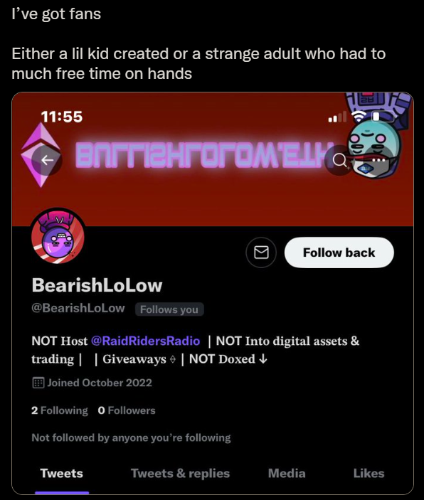 BearishLoLow's tweet photo. I've got haters

Either a grown ass man, or a strange baby who had not enough free time on hands https://t.co/OR9eX2GN14