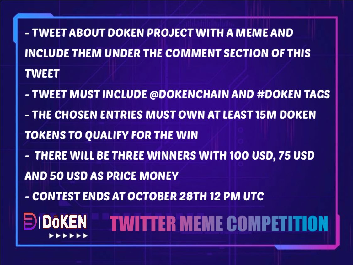 #Doken meme contest is now live. Come join our community and be part of the event. Price rewards $100, $75 and $50. #Giveaways #contest #meme #BSC #BSCGem #dokenchain #blockchaintechnology #Bitgertcommunity #DSC #LUNACLASSIC #community