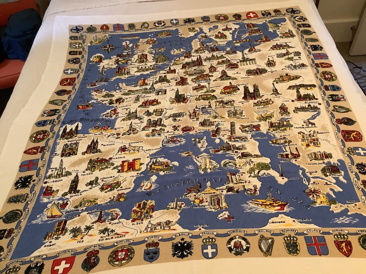 Excited to share this item from my #etsy shop: Europe map tablecloth souvenir antique 1950 made in Germany Heraldic Crests
#vintagetablecloth #mapofeurope #antiquelinen #1950tablecloth 
Our shop etsy.com/ca/shop/Starfi… etsy.me/3gwQMw3