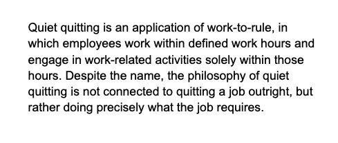 jathansadowski's tweet photo. I did not know the capitalists' meltdown over "quiet quitting" is actually about people only doing exactly the job they are contracted and paid to do. I legit thought it was about people doing work slowdowns, withholding efficiency, etc. https://t.co/XUiX0efbrn