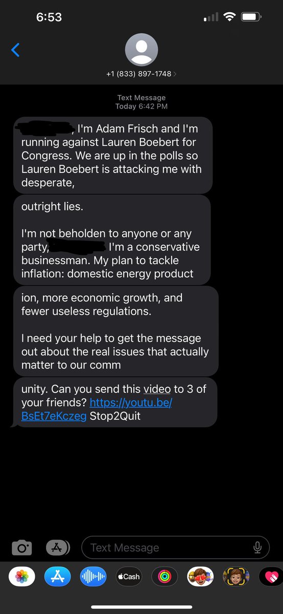 SoulTermination's tweet photo. Man, conservatives must be getting desperate to spam text someone who: 
1) isn’t conservative
2) lives 1300 miles away, and
3) hasn’t lived in their state for 15 fucking years. Jesus. 😑

I do think Boebert needs to go though. 🤣 https://t.co/SaAB9TvASK
