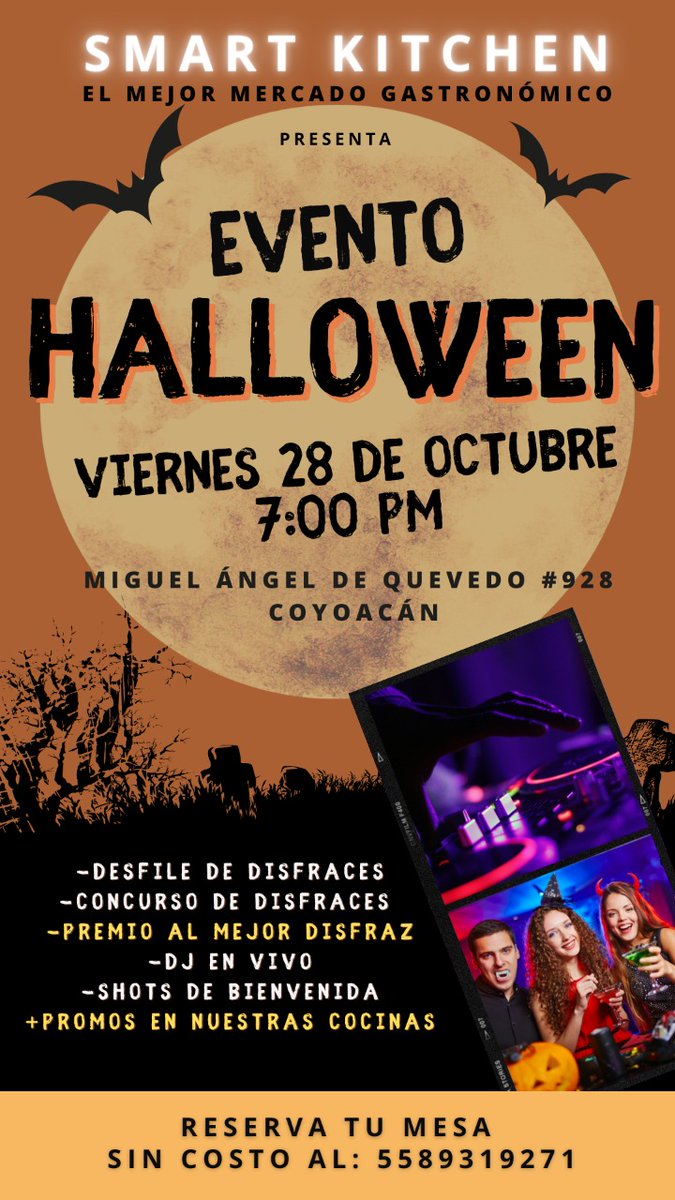 smart_kitchenmx's tweet photo. ¡PRÓXIMO VIERNES HALLOWEEN EN SMART KITCHEN!✨🤩 Te esperamos para festejar con nosotros ✨NO COVER✨ PROMOCIONES ESPECIALES EN NUESTRAS COCINAS🤩

📍Miguel Ángel de Quevedo 928
✨Reserva sin costo al 5589319271✨ https://t.co/uO1DeOjQiS