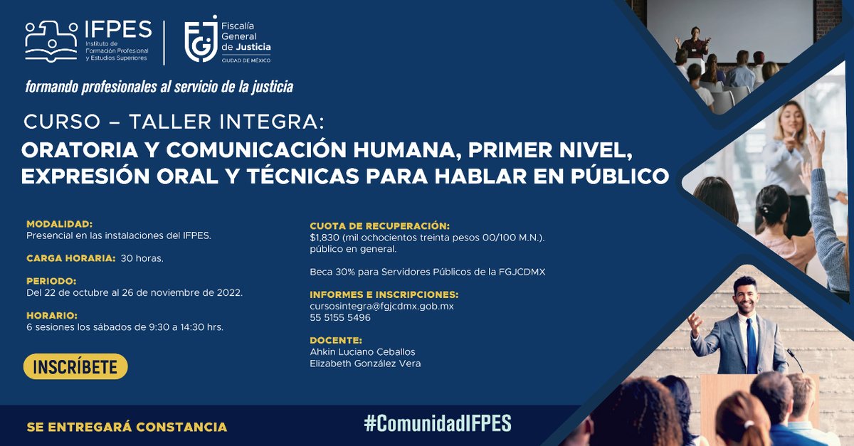 IFP_CDMX's tweet photo. "El lenguaje construye realidades" -Magino Corporán-
¿Te gustaría hablar en público con seguridad?
Si la respuesta es sí, ¡este curso es para ti! 👆
#CursoIntegra
📅22 octubre al 26 de noviembre 2022
📞55 5155 5496
✉️cursointegra@fgjcdmx.gob.mx
+ info: https://t.co/UOoq5XMhcY https://t.co/bNS94KK6WE