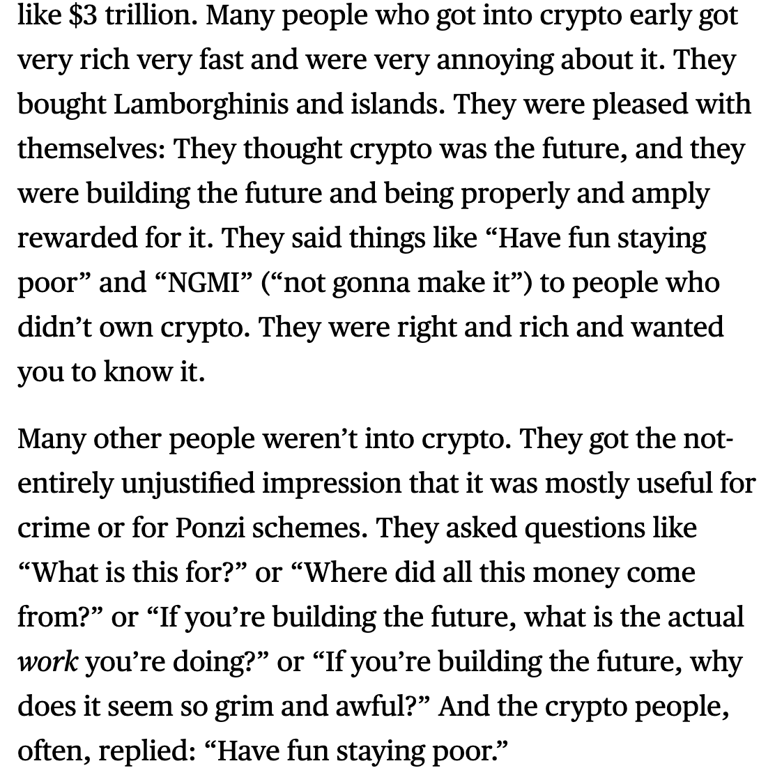 This massive @matt_levine piece about crypto is such a pleasure to read — and super educational if you have any interest in learning more about the wild, scam-filled world of Bitcoin and blockchain and much more bloomberg.com/features/2022-…