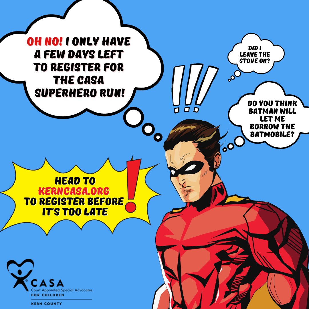KernCASA's tweet photo. Have you registered? The CASA Superhero Run is THIS WEEKEND! Make sure you are registered to run, so you don't miss out on getting a t-shirt, medal, and swag bag! Click the link to register! https://t.co/3FI2ezz3PC https://t.co/hvrR9fZKs6