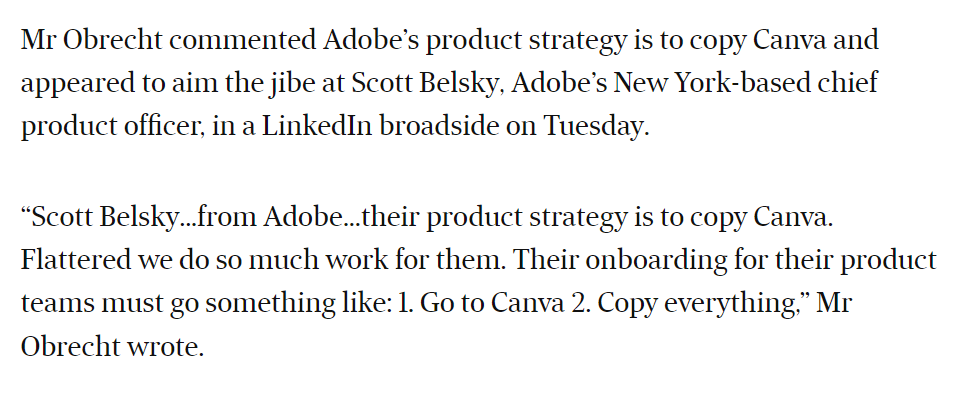 💥 Australia's Canva co-founder goes hard against Adobe accusing them of copying their products  afr.com/markets/equity…
