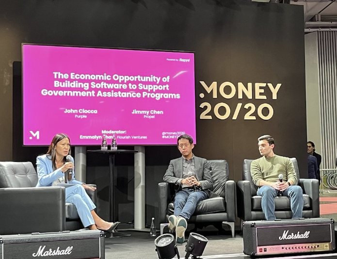 FlourishVC's tweet photo. It's always fun to see one of Flourish's own moderating a panel with a portfolio company. Great conversation on improving #FinHealth for millions by bringing innovation to gov. assistance systems w/ @EmmalynShaw moderating w/ Propel's @JimmyChen &amp; @JohnCiocca at #Money2020USA https://t.co/8A8a2o1Ud6