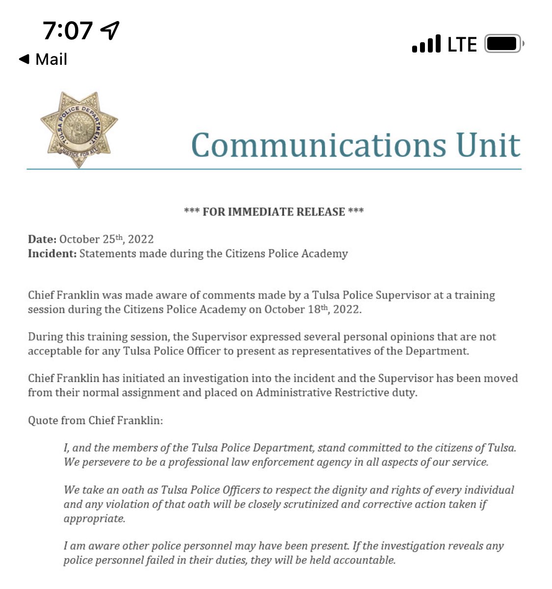 DGoforth918's tweet photo. Statement from TPD https://t.co/jhcwhmosnH