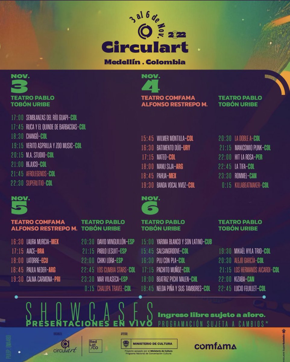 nvoz's tweet image. Compartimos la Programación de @Circulart_ , estaremos en esta maravillosa tarima el 4 de Noviembre armando #laguachafita #musicacolombiana #asolovoz #rumba