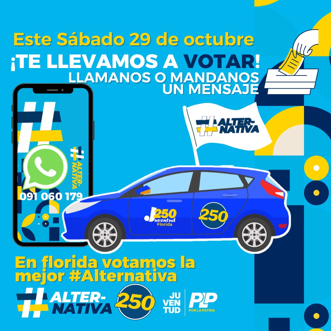 El próximo 29 de octubre, si necesitas que te llevemos a votar, mandanos un whats app y te llevamos #Alternativa <a href="/Juventud250F/">J250 Florida</a>