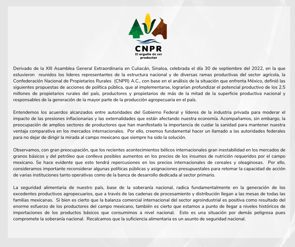 CNPRmx's tweet photo. La Confederación Nacional de Propietarios Rurales, preocupada por la circunstancia que atraviesa el campo mexicano y en el ánimo de contribuir a las modificaciones pertinentes para ajustar el proyecto de PEF y el PEC 2023, presenta estos comentarios. https://t.co/zuxAOccgkO