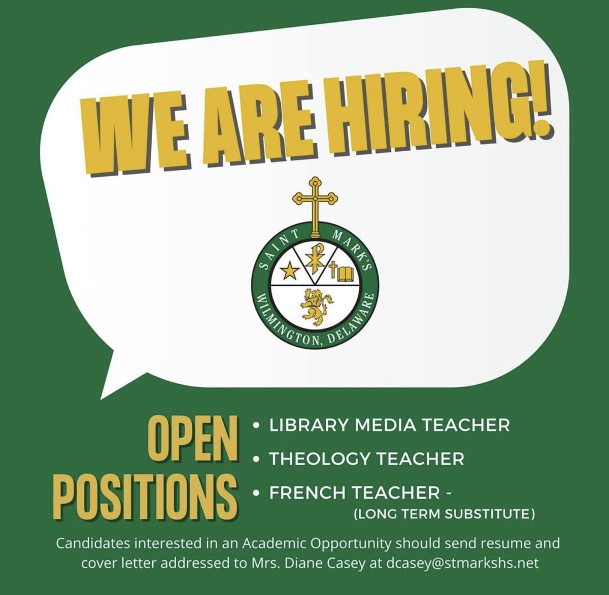 SaintMarksHS's tweet photo. WE ARE HIRING!
-Library Media Teacher
-Theology Teacher
-French Teacher (Long term substitute)
If you are a passionate & committed educator ready to join a world-class faculty, please feel free to visit the following link: https://t.co/Z5zZ4bxmMH
#SaintMarksHS #ThePlaceToWork! https://t.co/JD9Au8VrON
