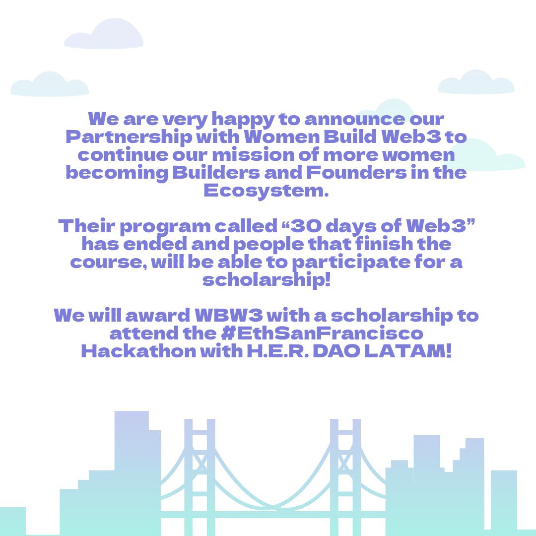 ✨💜 Oportunidad de Hackear con H.E.R. DAO LATAM para la comunidad de <a href="/womenbuildweb3/">WBW3 - BUIDL Accelerator</a> en #EthSanFrancisco 🔥 <a href="/ethglobal/">ETHGlobal</a>

🏆Increíble premio por haber terminado el programa educativo “30 Days of Web3”🏆

Regístrate aquí para participar 👇

forms.gle/6Aks5gviUuoUb3…