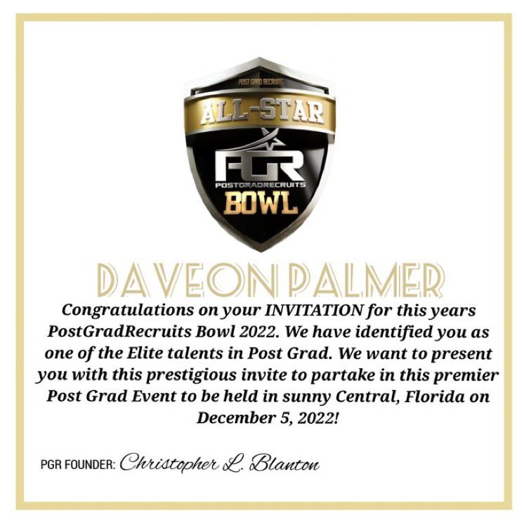 Blessed to receive an invitation to the <a href="/PostGradRecruit/">PostGradRecruits INC.</a> bowl ! #AGTG
<a href="/HallTechSports1/">Hall-Tech Sports</a> <a href="/scoutSMART_/">scoutSMART®</a> 
<a href="/on3/"></a> <a href="/On3NIL/">On3 NIL</a> <a href="/thebamalegends/">Bama Legends Off-Season Athletics</a> @PrepMississippi