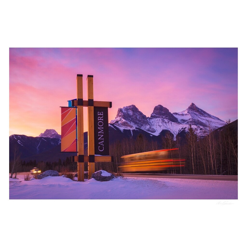 nfitzphoto's tweet photo. A nice sunrise over the Three Sisters as a school bus whizzes by. Home!! https://t.co/ZGDxO76USZ https://t.co/INJUXKdWCr