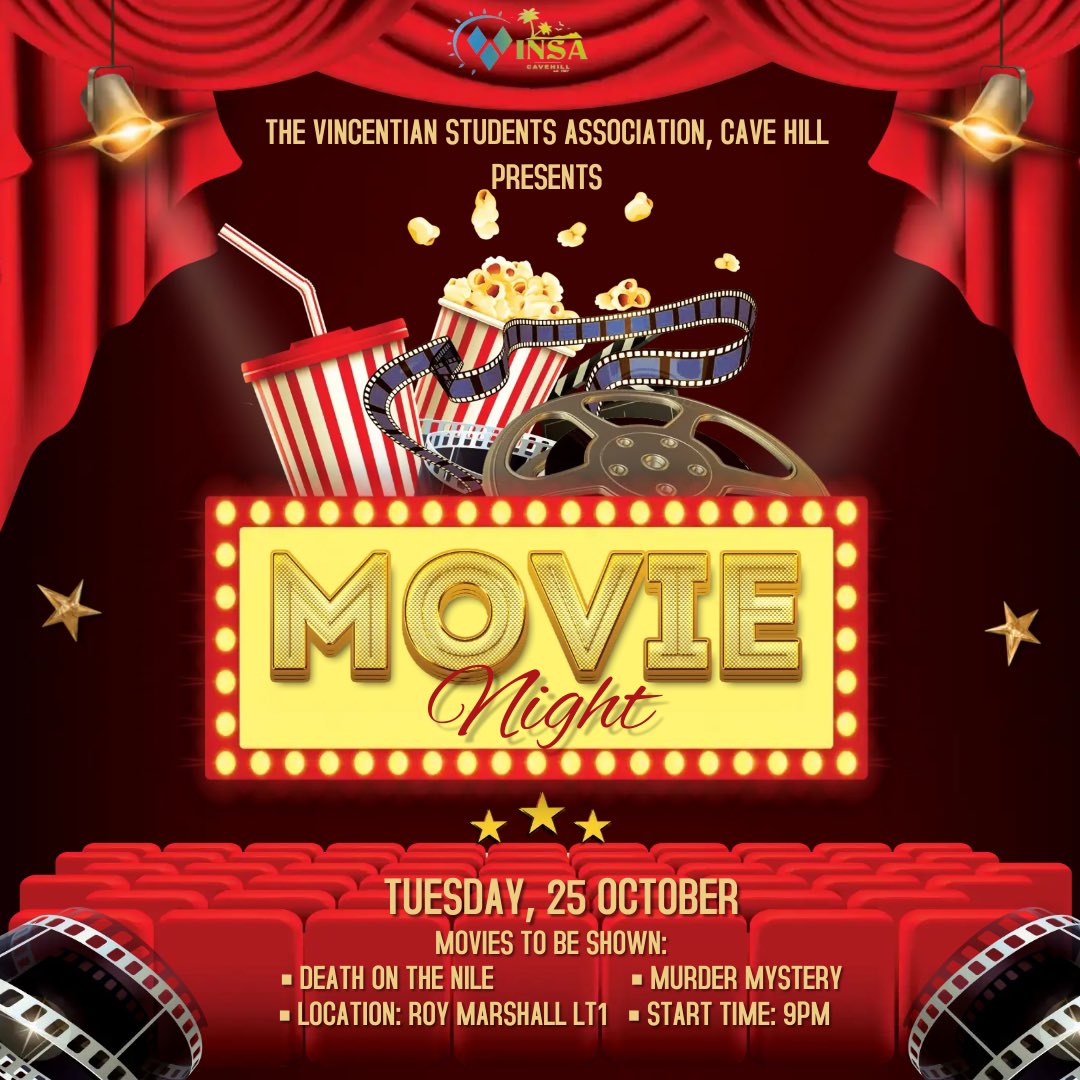 Need a little time to relax? It’s movie night!! 🎥🍿🍿 Join VINSA 🇻🇨 tonight  at 9pm in the Roy Marshal LT1. Get comfy and bring a friend, a drink and a chill vibe! 🎥