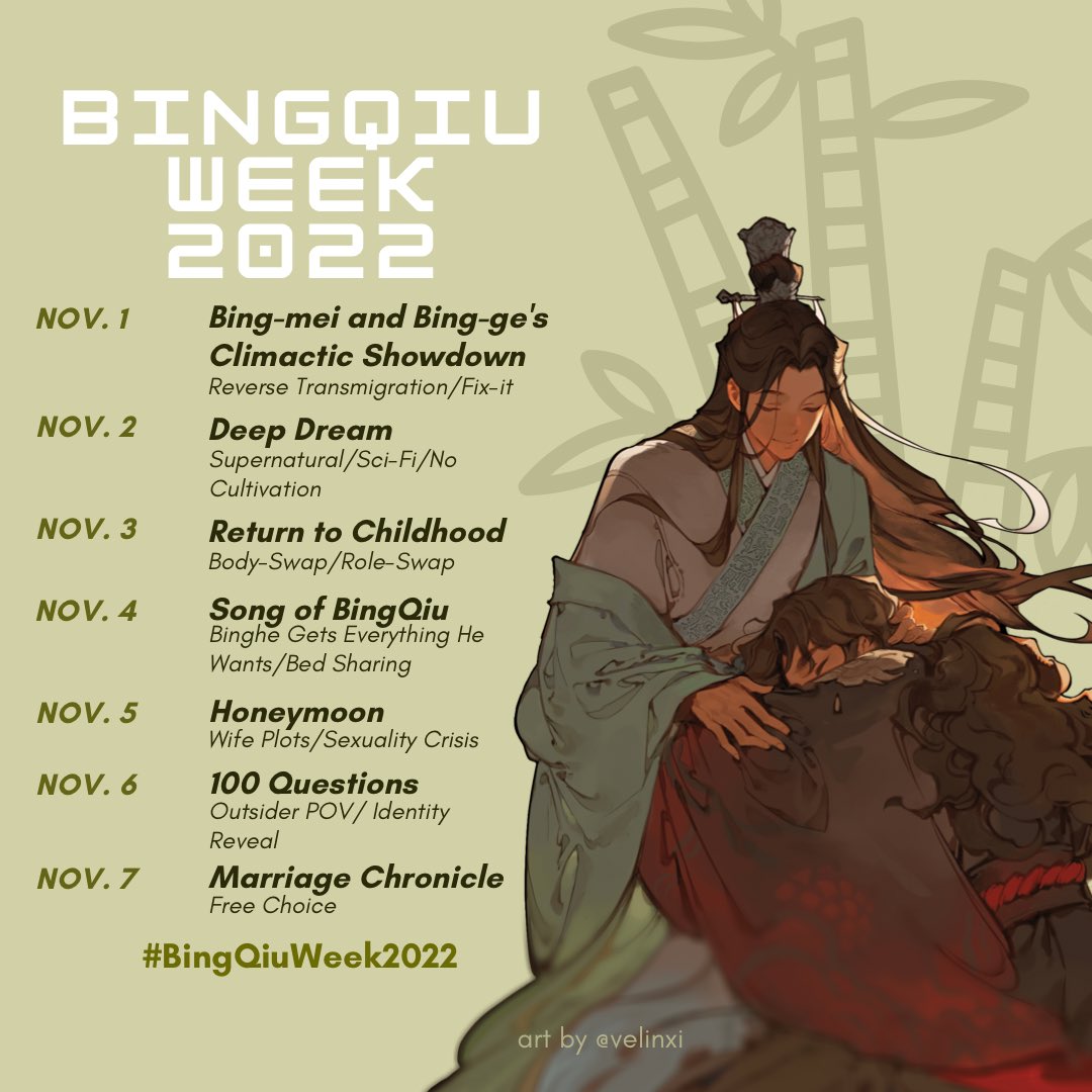 HELLO! Are you ready for #BingQiuWeek2022!? To celebrate the release of the 4th &amp; final eng volume of #SVSSS, this #BingQiu Week will run from Nov. 1st–7th. 
Below is a list of suggested prompts, but feel free to change the narrative yourself. ＿φ(//∇//)\ .｡.:*☆