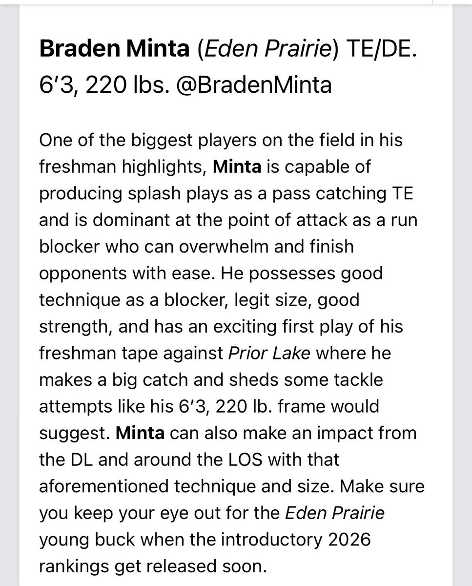 BradenMinta's tweet photo. Thanks for the write up! @FootballEPHS @PrepRedzoneMN @OJW_Scouting https://t.co/2bF4y6EVR2