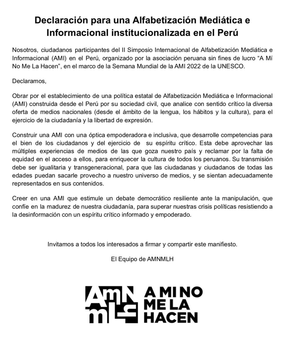 aminomelahacen's tweet image. Hacemos publica nuestro primer Manifiesto AMI, para promover una iniciativa ciudadana que esperemos culmine en una estrategia de política pública.

Invitamos a todos los aliados a unirse en esta petición.
¡Hasta un siguiente simposio! 👏

#SemanaMundialAMI #GlobalMILWeek