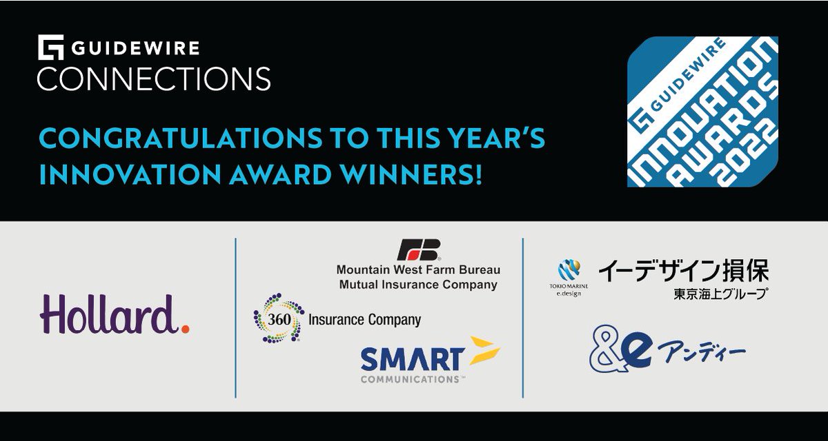 Guidewire Software (@guidewire_pandc) on Twitter photo We congratulate our 2022 Innovation Award winners:
E.design, <a href="/Hollard/">Hollard Insurance</a>, and Mountain West Farm Bureau (<a href="/MWFBI/">Mountain West Farm Bureau</a>) with Smart Communications (<a href="/CCMInnovators/">Smart Communications</a>) We are truly inspired by your innovative projects! #GuidewireConnections bit.ly/3Dxs7k0 We congratulate our 2022 Innovation Award winners:
E.design, <a href="/Hollard/">Hollard Insurance</a>, and Mountain West Farm Bureau (<a href="/MWFBI/">Mountain West Farm Bureau</a>) with Smart Communications (<a href="/CCMInnovators/">Smart Communications</a>) We are truly inspired by your innovative projects! #GuidewireConnections bit.ly/3Dxs7k0