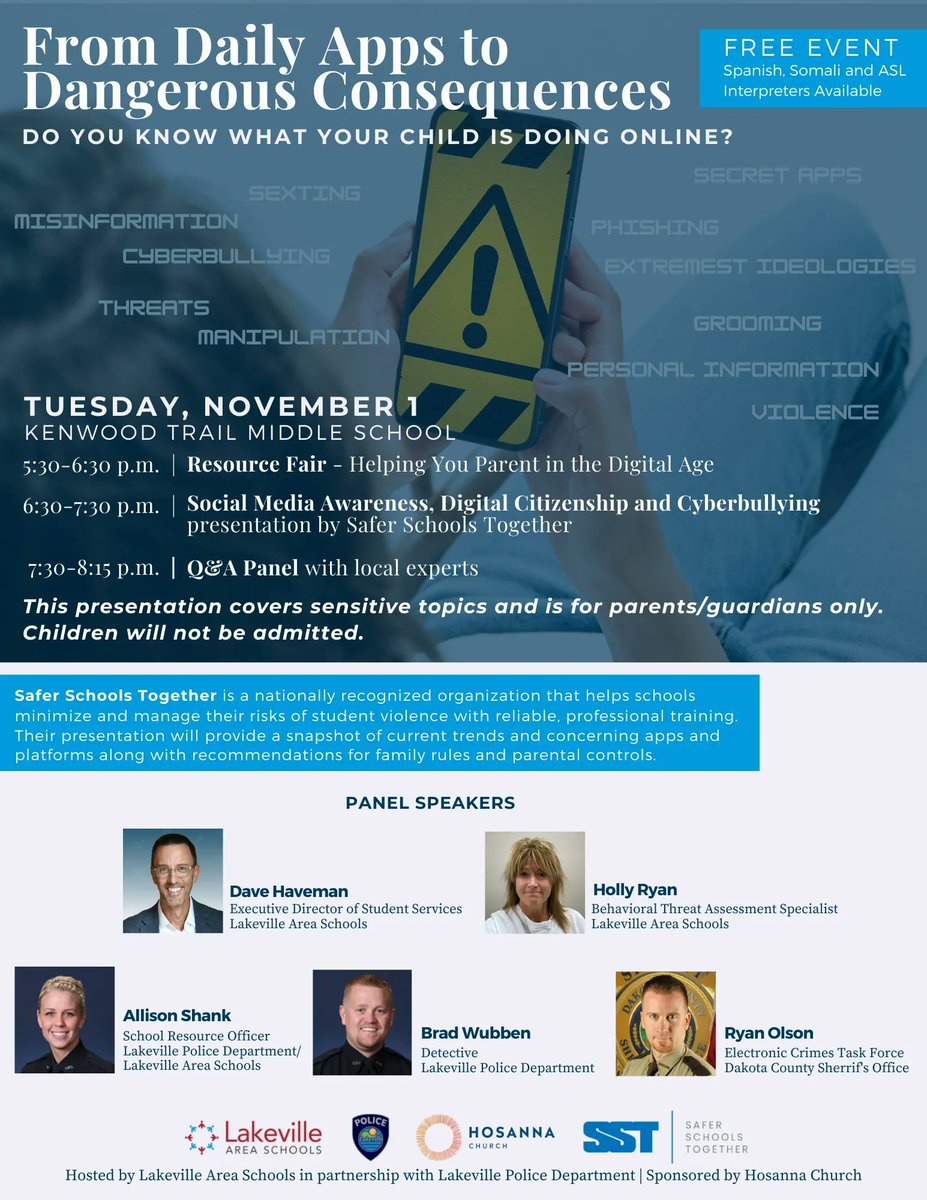 LakevilleAreaPS's tweet photo. Join us for a great event to help you keep your kids safe online. National and local experts will help you learn what you need to know about the apps and platforms your kids may be using and how you can help them navigate dangers and consequences of their online activities. https://t.co/nTmUPVQSO0