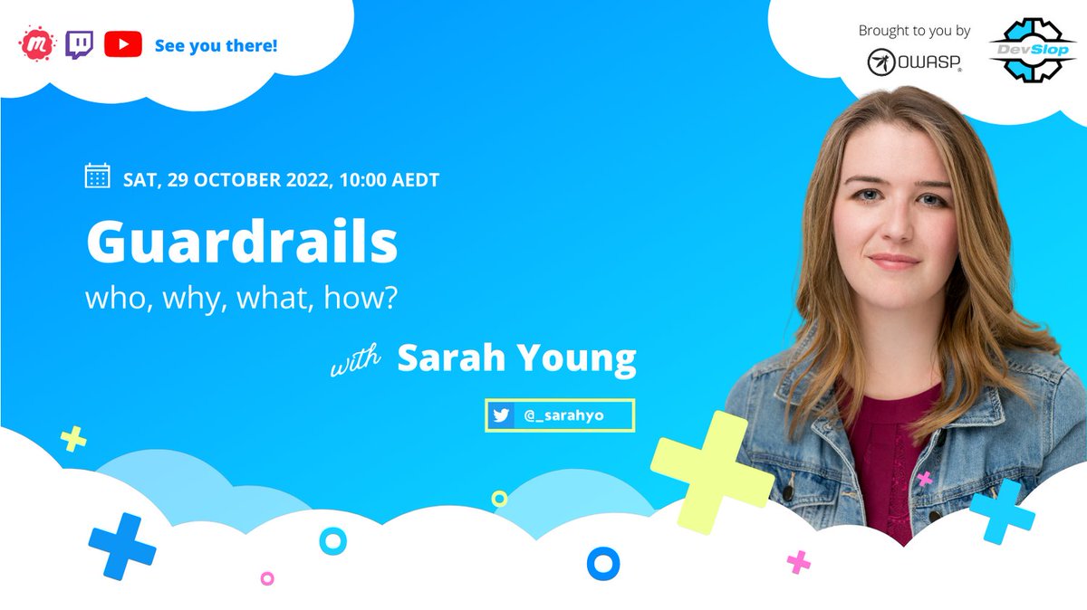 Less than a week to go! Aside from cute puppies, Sarah (<a href="/_sarahyo/">Sarah Young</a>) also has some heckin' good practical tips for applying guardrails within your team or org. See you there  

📅 2022/10/29 10:00 GMT+11
📺 twitch.tv/owasp_devslop