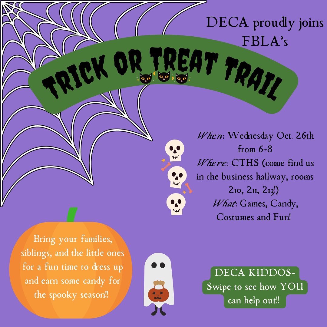 cthsdeca's tweet photo. 🕸 It’s officially spooky season, and with Halloween on its way, we are excited to join FBLA for their 2022 Trick-or-Treat Trail! 🎃 Hope to see you there! (P.S. DECA members- swipe to see how you play into this!) 🔷 https://t.co/MV63O3QQfl