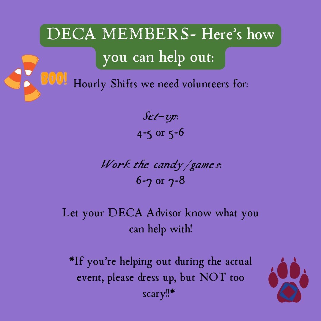 🕸 It’s officially spooky season, and with Halloween on its way, we are excited to join FBLA for their 2022 Trick-or-Treat Trail! 🎃 Hope to see you there! (P.S. DECA members- swipe to see how you play into this!) 🔷