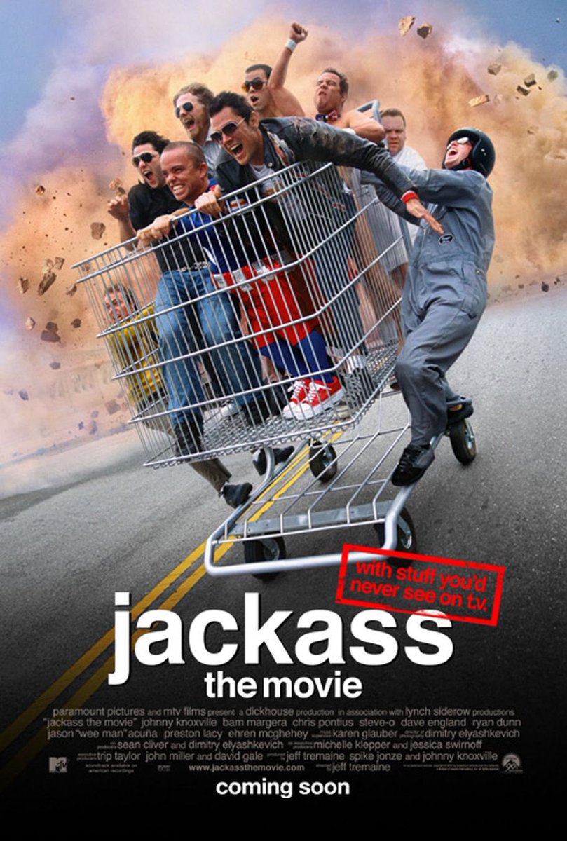 FilmNewsNos's tweet photo. 🎬MOVIE HISTORY: 20 years ago today, October 25, 2002, the movie ‘Jackass: The Movie’ opened in theaters!

#JohnnyKnoxville #SteveO #BamMargera #RyanDunn #JasonAcuna #ChrisPontius #PrestonLacy #DaveEngland #EhrenMcGhehey @jackassworld #Jackass #JeffTremaine https://t.co/NRpgz2F39l
